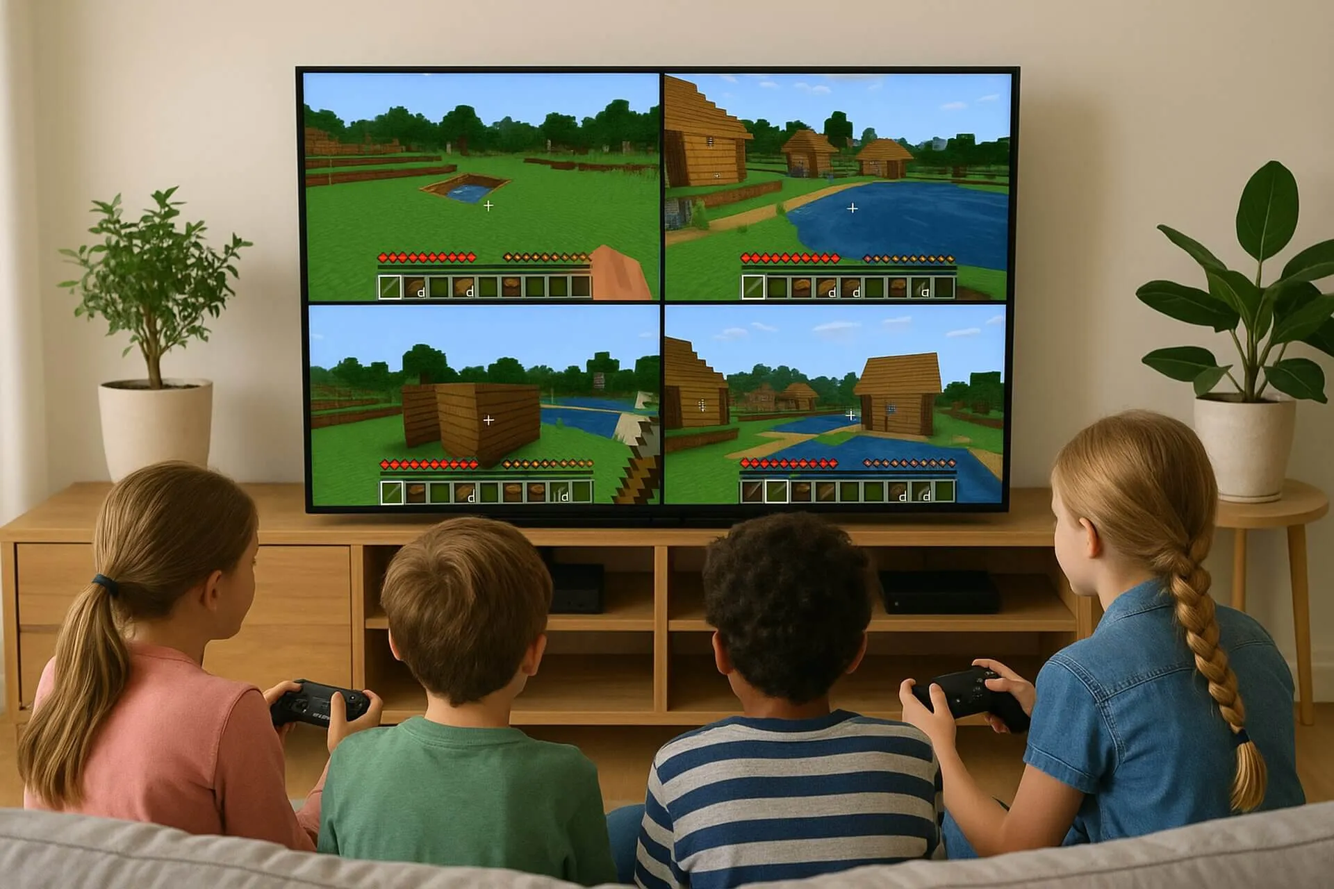 On many consoles, Minecraft can also be played cooperatively with up to 4 players in front of the TV