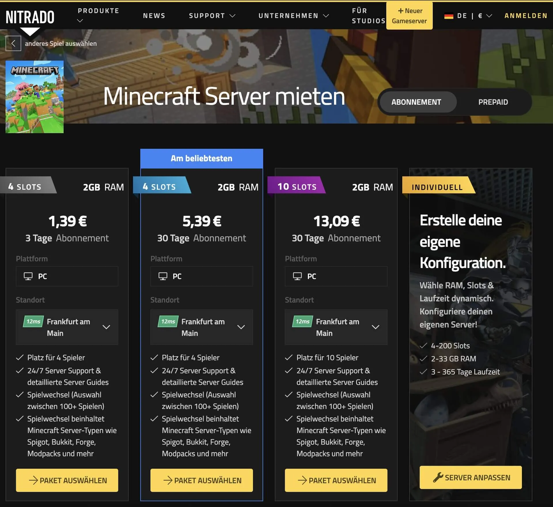 Nitrado Minecraft hosting for servers across a wide range of performance tiers