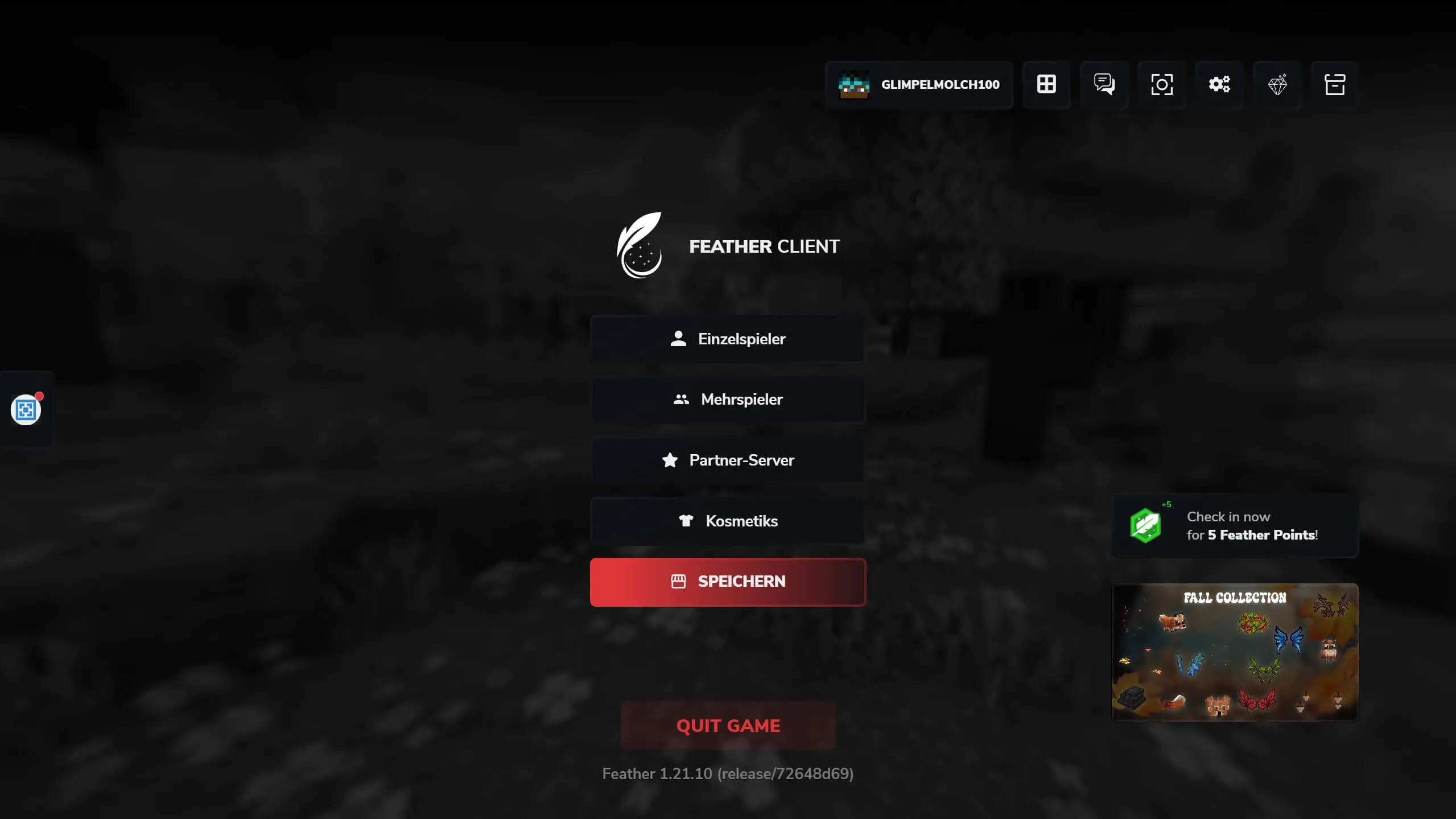 Start screen of the Minecraft Feather Client in Minecraft version 1.21.10