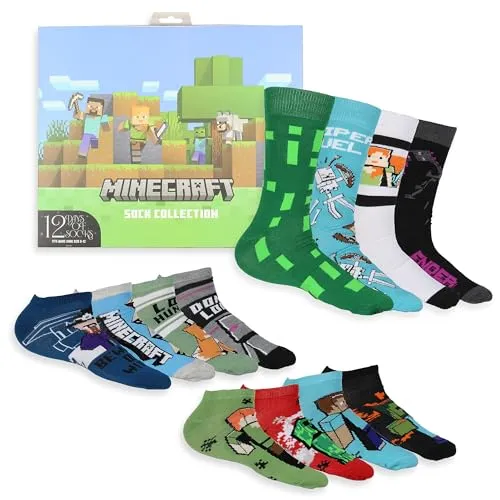 Bioworld Minecraft Men's 12 Days of Socks Adult Ankle and Crew Socks Advent Gift Box Set