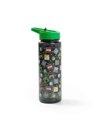 Minecraft Creeper 750ml Straw Water Bottle | Black with Green Lid | Flip-Top with TNT Graphic Print