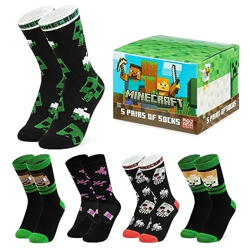 Minecraft Boys Crew Socks - Soft, Breathable Youth Socks Pack of 3 or 5 (Black/Multi, 7-10 Years)