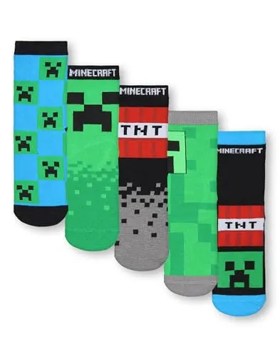Minecraft Boys Socks Set of 5 | Character Calf Socks with Creeper and TNT All Over Print