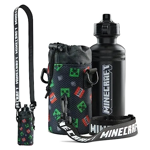 Minecraft Kids Water Bottle with Adjustable Strap - 550ml Plastic Creeper BPA Free Sports Reusable Bottle